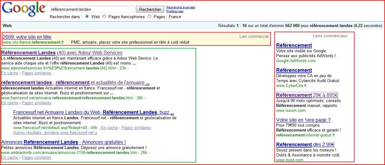 résultats pour une recherche "référencement landes" sur google