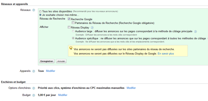 Diffusion de campagne Google Adwords: réseau Search et réseau Display